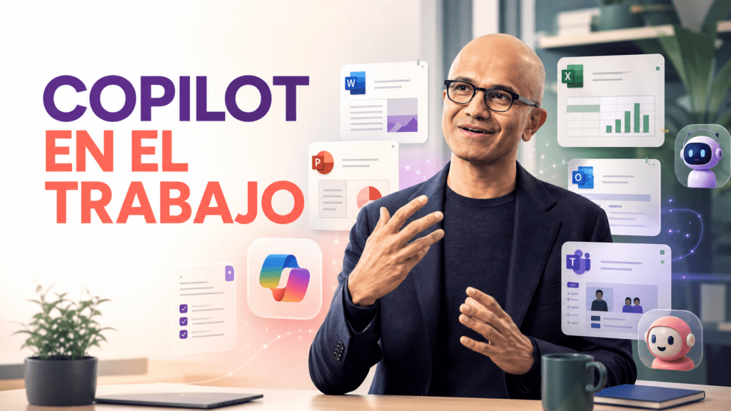 Portada editorial de Satya Nadella en una oficina digital rodeado de aplicaciones de Microsoft, documentos y agentes de inteligencia artificial, con el titular «COPILOT EN EL TRABAJO».