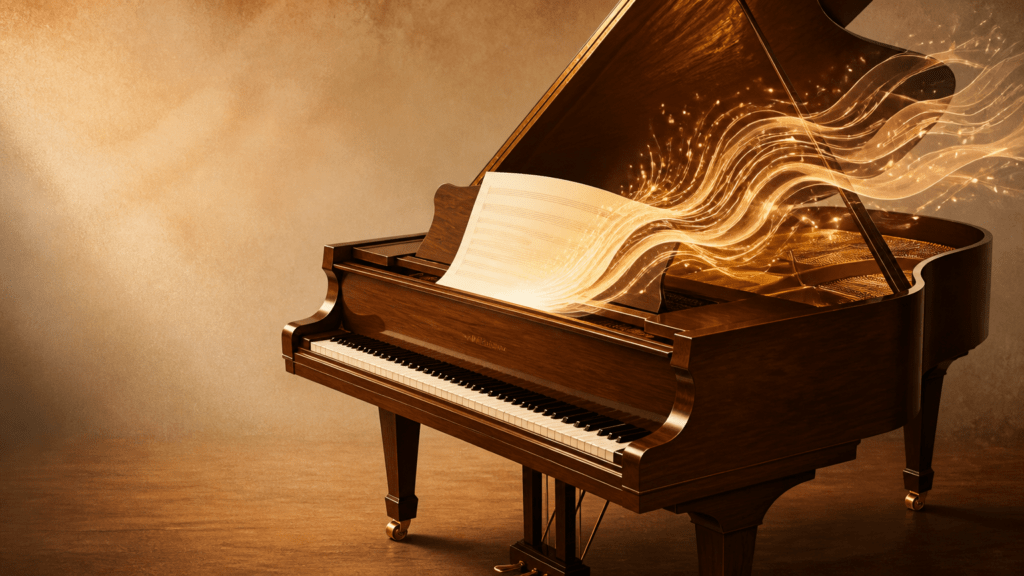 Portada editorial de LedSolEo sobre la creación de música con IA: un piano de cola de madera cálida del que sale una partitura de papel que se despliega y se convierte en ondas de sonido.