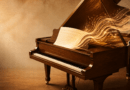 Portada editorial de LedSolEo sobre la creación de música con IA: un piano de cola de madera cálida del que sale una partitura de papel que se despliega y se convierte en ondas de sonido.