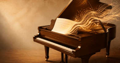 Portada editorial de LedSolEo sobre la creación de música con IA: un piano de cola de madera cálida del que sale una partitura de papel que se despliega y se convierte en ondas de sonido.