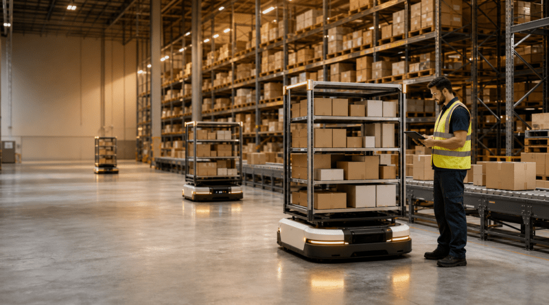 Portada editorial de LedSolEo sobre la transformación tecnológica de la logística: interior realista de un gran centro de distribución con estanterías altas, cintas de paquetes y robots móviles que transportan estanterías mientras un operario consulta una tableta.