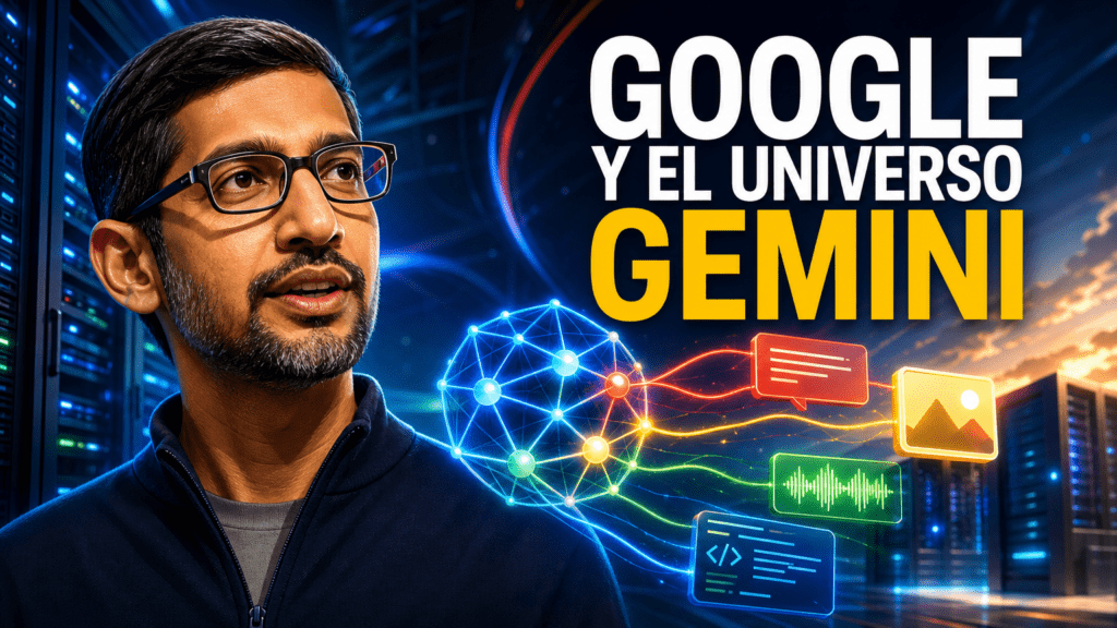 Portada editorial de Sundar Pichai frente al universo Gemini: modelos, conexiones multimodales, centros de datos y herramientas digitales, con el titular «GOOGLE Y EL UNIVERSO GEMINI».