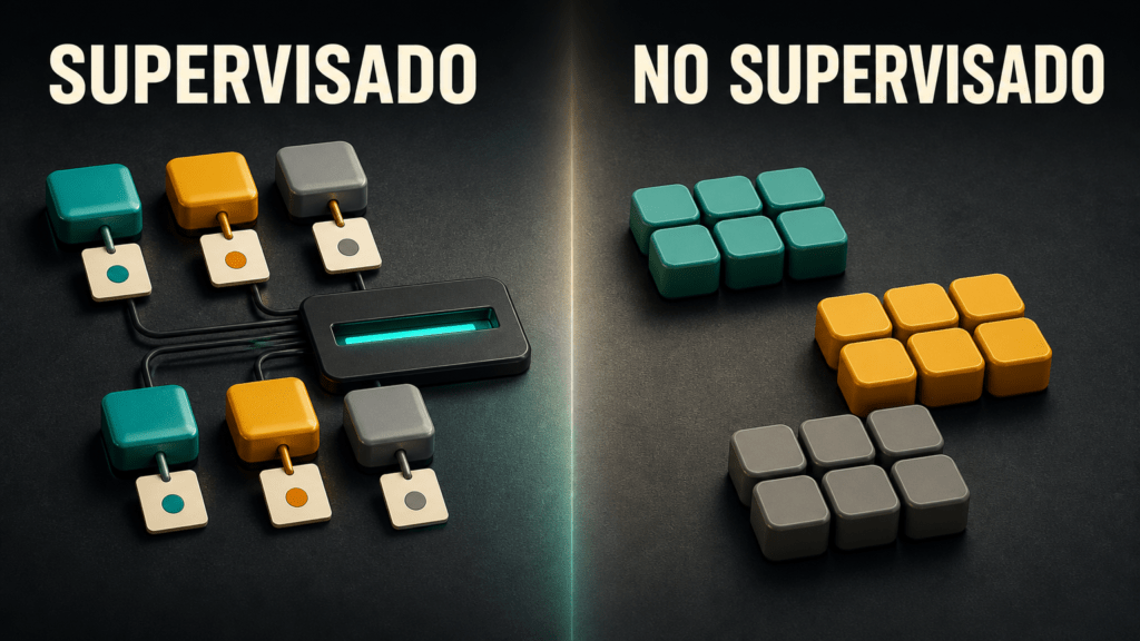 Portada del artículo: a la izquierda, piezas de datos con su etiqueta colgada entran en un modelo; a la derecha, piezas iguales sin etiqueta se agrupan solas por parecido, con los rótulos «SUPERVISADO» y «NO SUPERVISADO».