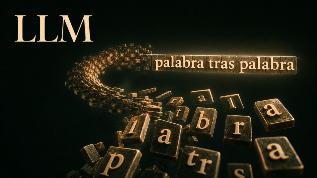 Portada del artículo: un río de piezas de texto asciende desde la oscuridad y se ensambla en el aire hasta formar la frase «palabra tras palabra», con las siglas «LLM» como gran marca tipográfica.