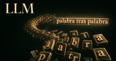 Portada del artículo: un río de piezas de texto asciende desde la oscuridad y se ensambla en el aire hasta formar la frase «palabra tras palabra», con las siglas «LLM» como gran marca tipográfica.