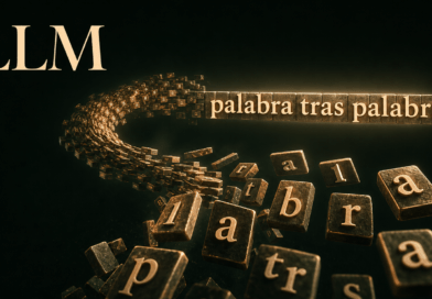 ¿Qué es un LLM y cómo funciona la inteligencia artificial que genera texto? Portada del artículo: un río de piezas de texto asciende desde la oscuridad y se ensambla en el aire hasta formar la frase «palabra tras palabra», con las siglas «LLM» como gran marca tipográfica.