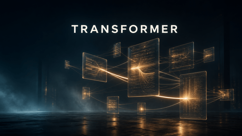 Paneles de cristal suspendidos y conectados por hilos de luz de distinta intensidad bajo el rótulo TRANSFORMER.