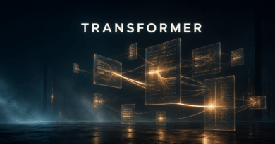 Paneles de cristal suspendidos y conectados por hilos de luz de distinta intensidad bajo el rótulo TRANSFORMER.