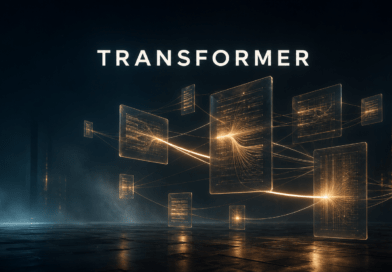 Qué es un Transformer: la arquitectura que revolucionó la inteligencia artificial Paneles de cristal suspendidos y conectados por hilos de luz de distinta intensidad bajo el rótulo TRANSFORMER.