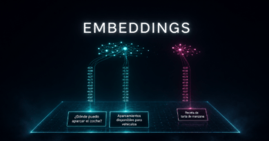 Dos frases sobre aparcamiento se convierten en vectores próximos en un mapa de embeddings, mientras una receta de tarta queda alejada.