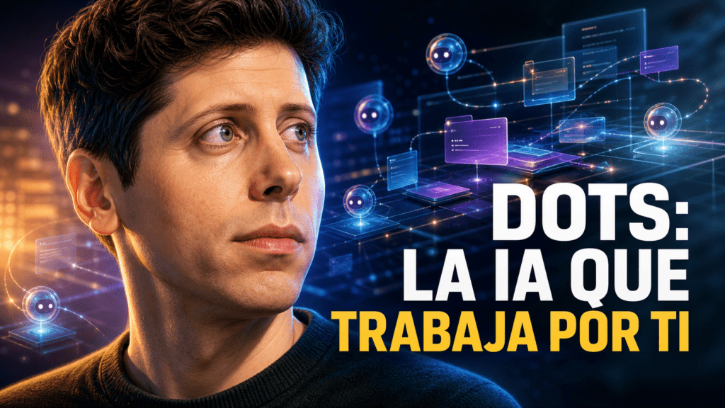 Portada editorial de Sam Altman en primer plano, con expresión reconocible, rodeado de un entorno tecnológico que representa agentes de inteligencia artificial, ordenadores virtuales y proyectos en ejecución, con el titular «DOTS: LA IA QUE TRABAJA POR TI».