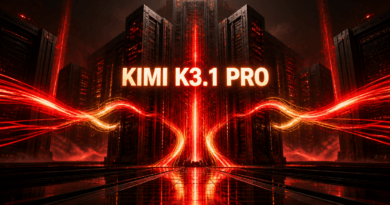 Portada del artículo: un centro de datos monumental de obsidiana negra recorrido por vetas de energía roja y dorada, con el nombre Kimi K3.1 Pro integrado en un rótulo luminoso.