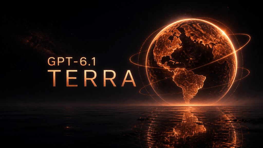 Portada del artículo: escena cinematográfica oscura con un planeta colosal de luz, con continentes trazados en luz cálida, arcos luminosos orbitándolo y una columna tipográfica que dice GPT-6.1 TERRA.