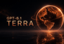 Portada del artículo: escena cinematográfica oscura con un planeta colosal de luz, con continentes trazados en luz cálida, arcos luminosos orbitándolo y una columna tipográfica que dice GPT-6.1 TERRA.