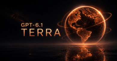 GPT-6.1 Terra: la nueva IA de OpenAI que combina velocidad, visión y bajo coste Portada del artículo: escena cinematográfica oscura con un planeta colosal de luz, con continentes trazados en luz cálida, arcos luminosos orbitándolo y una columna tipográfica que dice GPT-6.1 TERRA.