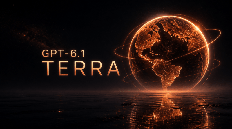 Portada del artículo: escena cinematográfica oscura con un planeta colosal de luz, con continentes trazados en luz cálida, arcos luminosos orbitándolo y una columna tipográfica que dice GPT-6.1 TERRA.