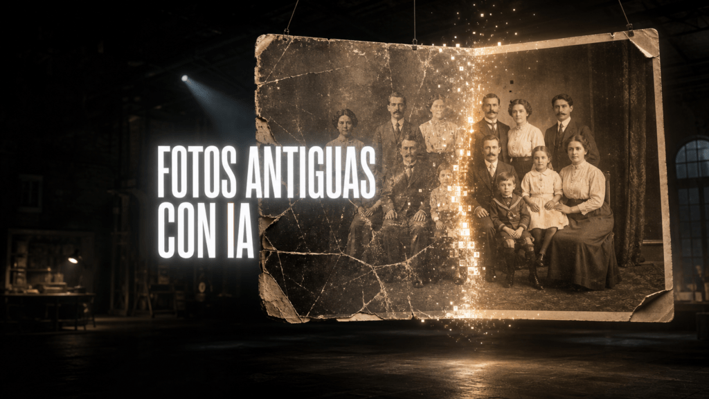 Portada del artículo: una fotografía familiar antigua enorme suspendida en un taller oscuro, agrietada a la izquierda y reconstruida por luz cálida a la derecha, con el rótulo «FOTOS ANTIGUAS CON IA».