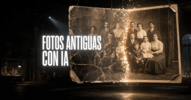 Portada del artículo: una fotografía familiar antigua enorme suspendida en un taller oscuro, agrietada a la izquierda y reconstruida por luz cálida a la derecha, con el rótulo «FOTOS ANTIGUAS CON IA».