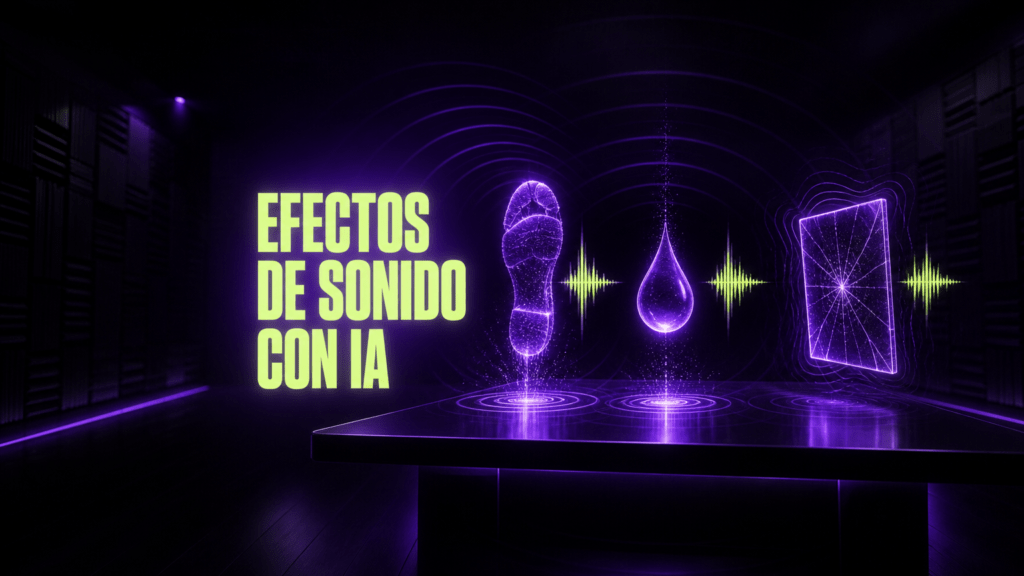 Portada del artículo: una sala insonorizada a oscuras con formas de sonido luminosas en violeta y lima flotando sobre una mesa, cada una con su espectro, y el rótulo «EFECTOS DE SONIDO CON IA».