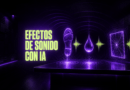 Portada del artículo: una sala insonorizada a oscuras con formas de sonido luminosas en violeta y lima flotando sobre una mesa, cada una con su espectro, y el rótulo «EFECTOS DE SONIDO CON IA».