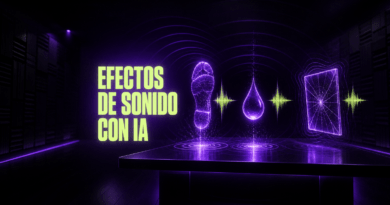 Portada del artículo: una sala insonorizada a oscuras con formas de sonido luminosas en violeta y lima flotando sobre una mesa, cada una con su espectro, y el rótulo «EFECTOS DE SONIDO CON IA».