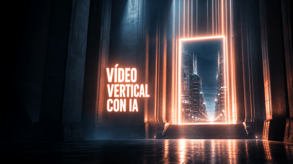 Portada del artículo: un espacio monumental a oscuras con un marco vertical colosal de luz, en proporción 9:16, que muestra una avenida nocturna, y el rótulo «VÍDEO VERTICAL CON IA».