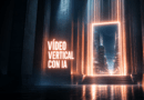 Portada del artículo: un espacio monumental a oscuras con un marco vertical colosal de luz, en proporción 9:16, que muestra una avenida nocturna, y el rótulo «VÍDEO VERTICAL CON IA».