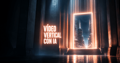 Portada del artículo: un espacio monumental a oscuras con un marco vertical colosal de luz, en proporción 9:16, que muestra una avenida nocturna, y el rótulo «VÍDEO VERTICAL CON IA».