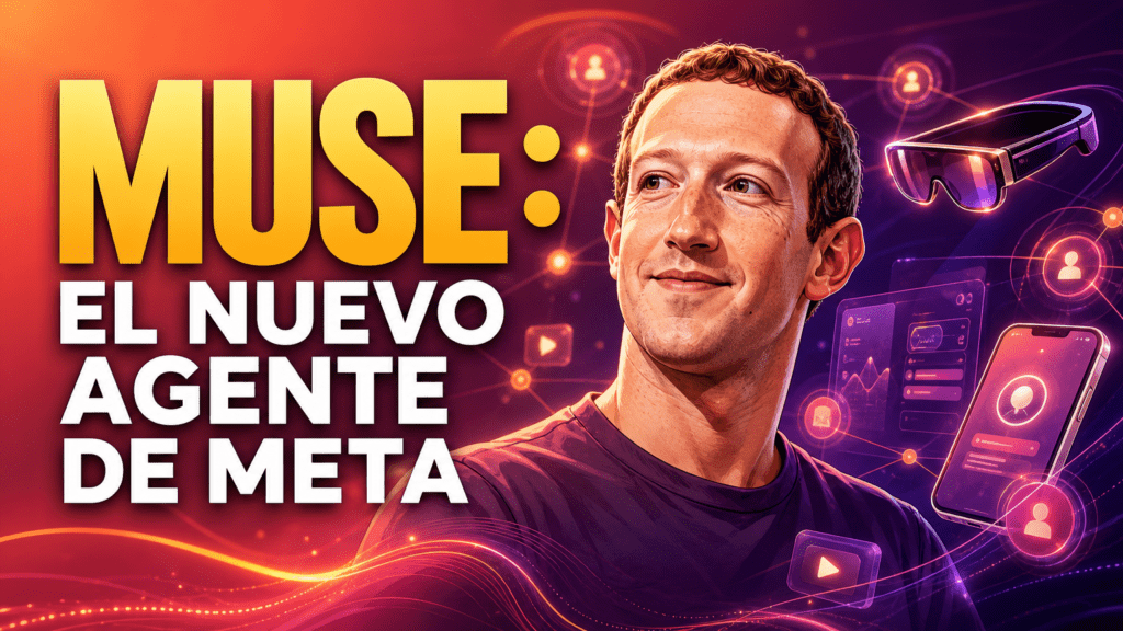 Portada editorial de Mark Zuckerberg en primer plano, con rostro reconocible y expresivo, rodeado de un entorno tecnológico que representa el ecosistema de Meta y los agentes personales, con el titular «MUSE: EL NUEVO AGENTE DE META».