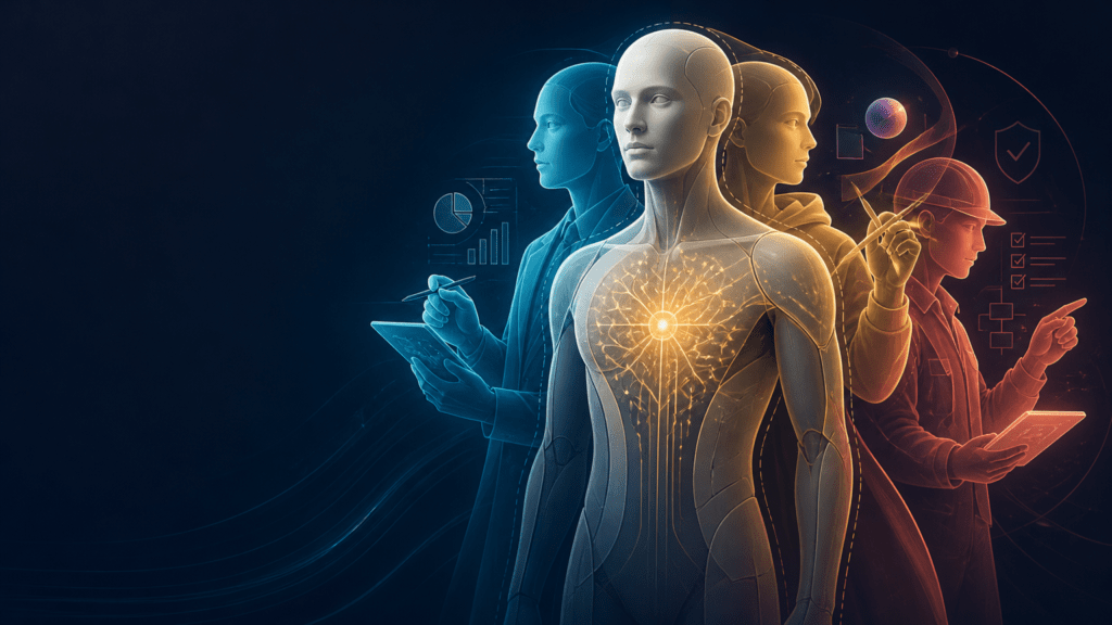 Portada editorial sobre la identidad de los agentes de inteligencia artificial: una misma inteligencia de base y varias identidades operativas distintas que definen cómo trabaja cada agente.