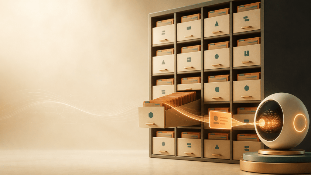 Portada editorial sobre la memoria de los agentes de inteligencia artificial: un archivador de notas y recuerdos conectado a un agente que recupera solo lo que necesita.