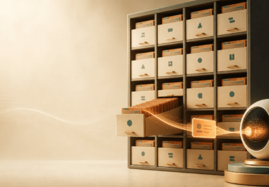 La memoria de los agentes de IA: cómo recuerdan y qué pueden olvidar Portada editorial sobre la memoria de los agentes de inteligencia artificial: un archivador de notas y recuerdos conectado a un agente que recupera solo lo que necesita.