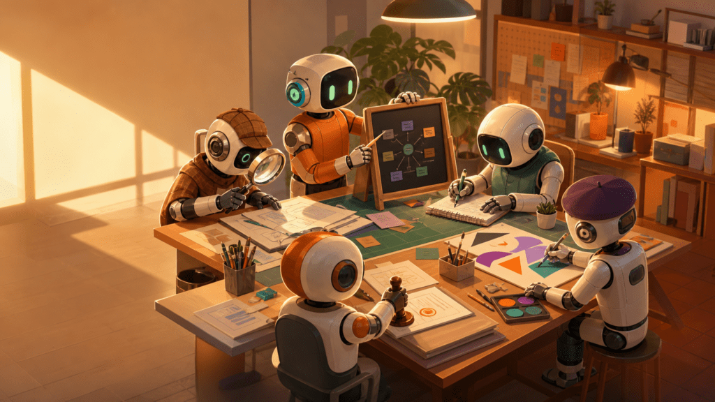Portada editorial sobre un equipo de agentes de inteligencia artificial que colaboran: varios ayudantes de aspecto distinto, cada uno con su oficio, trabajando alrededor de una mesa común.