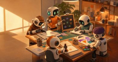 Cuando las inteligencias artificiales trabajan en equipo: así funcionan los sistemas multiagente Portada editorial sobre un equipo de agentes de inteligencia artificial que colaboran: varios ayudantes de aspecto distinto, cada uno con su oficio, trabajando alrededor de una mesa común.
