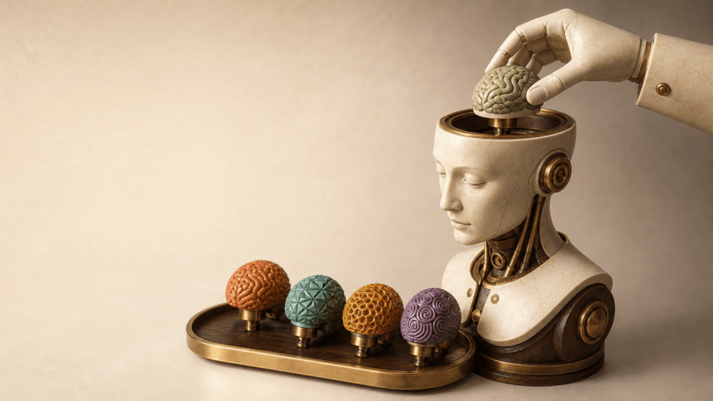 Portada editorial sobre una misma inteligencia artificial con varios «cerebros» intercambiables: una figura elegante con un compartimento abierto en la cabeza junto a una bandeja de módulos distintos.