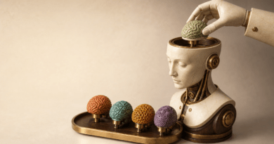 Portada editorial sobre una misma inteligencia artificial con varios «cerebros» intercambiables: una figura elegante con un compartimento abierto en la cabeza junto a una bandeja de módulos distintos.