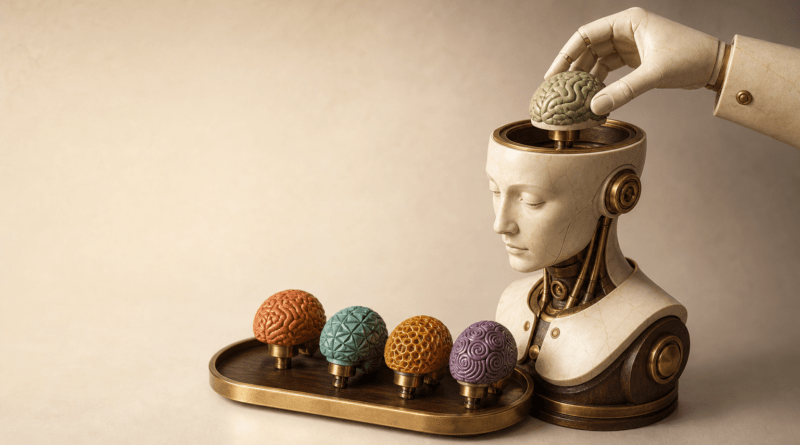 Portada editorial sobre una misma inteligencia artificial con varios «cerebros» intercambiables: una figura elegante con un compartimento abierto en la cabeza junto a una bandeja de módulos distintos.