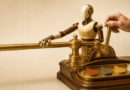 Portada editorial de LedSolEo sobre la autonomía de un agente: un autómata de porcelana y latón abre con su mano un torno de acceso de latón mientras una mano humana descansa sobre la palanca de control, y en una bandeja esperan cuatro fichas de distinto color.