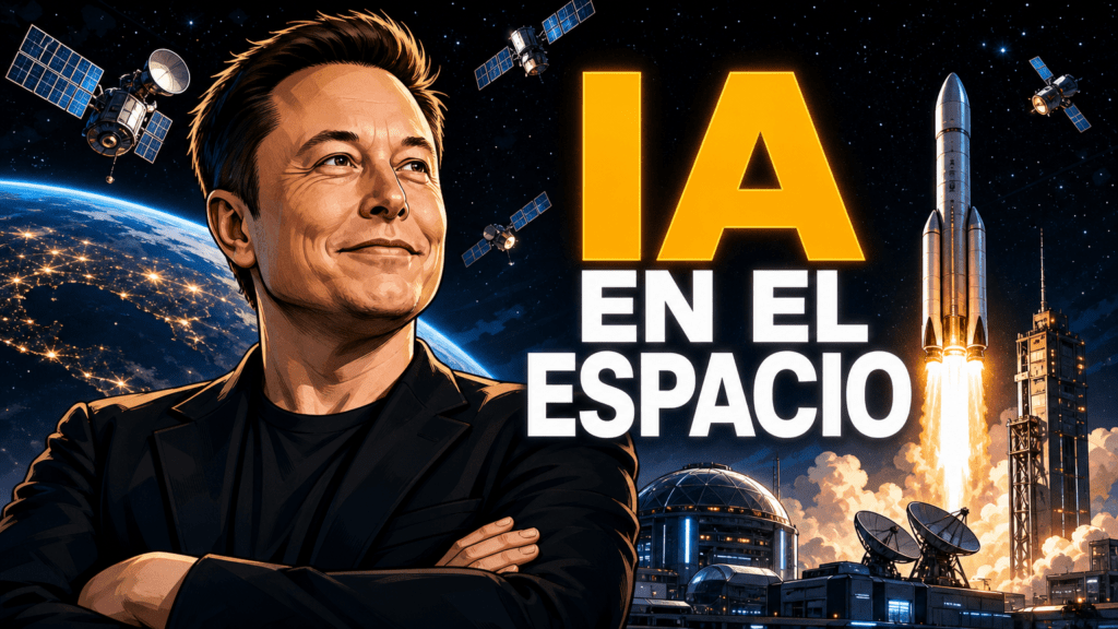 Portada editorial de Elon Musk frente a instalaciones aeroespaciales, satélites en órbita y un cohete reutilizable, con el titular «IA EN EL ESPACIO».