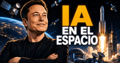 Portada editorial de Elon Musk frente a instalaciones aeroespaciales, satélites en órbita y un cohete reutilizable, con el titular «IA EN EL ESPACIO».