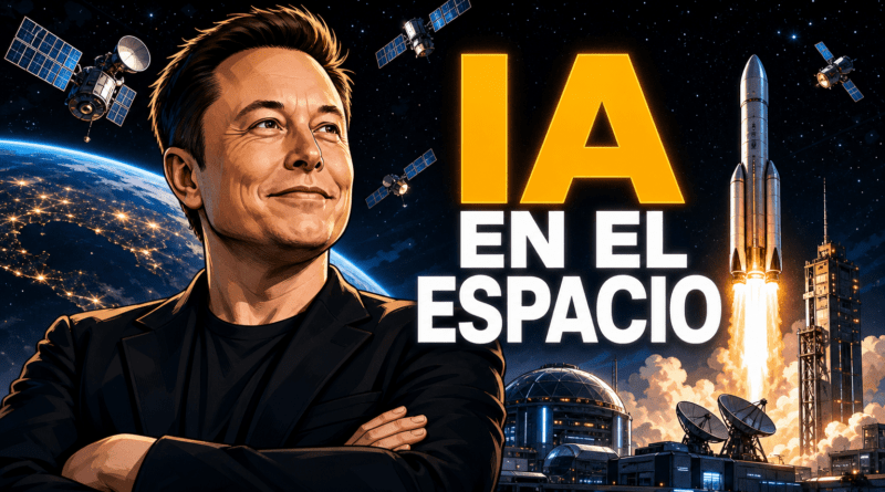 Elon Musk y la IA en el espacio: satélites, centros de datos orbitales y exploración autónoma Portada editorial de Elon Musk frente a instalaciones aeroespaciales, satélites en órbita y un cohete reutilizable, con el titular «IA EN EL ESPACIO».