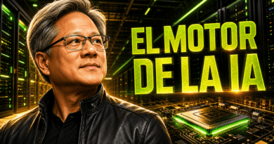Portada editorial de Jensen Huang con cazadora de cuero frente a un campus de centro de datos y microchips, con el titular «EL MOTOR DE LA IA».