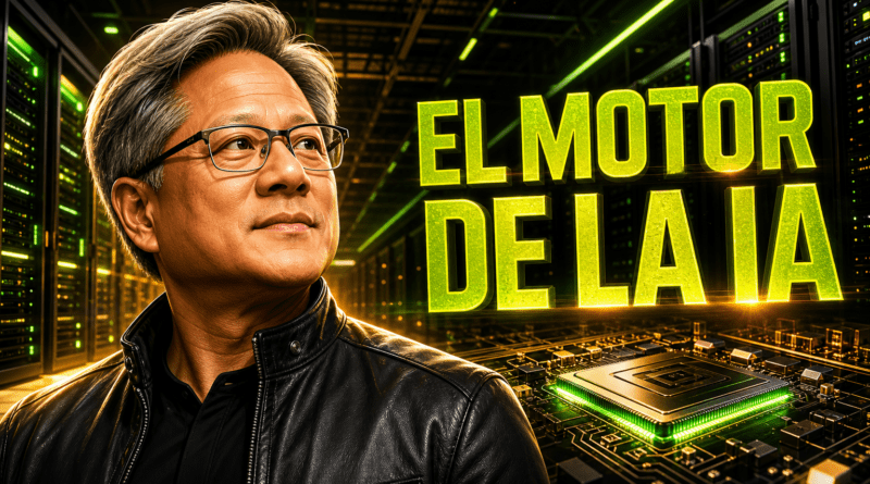 Jensen Huang y los chips de Nvidia: qué sostiene de verdad la revolución de la inteligencia artificial Portada editorial de Jensen Huang con cazadora de cuero frente a un campus de centro de datos y microchips, con el titular «EL MOTOR DE LA IA».