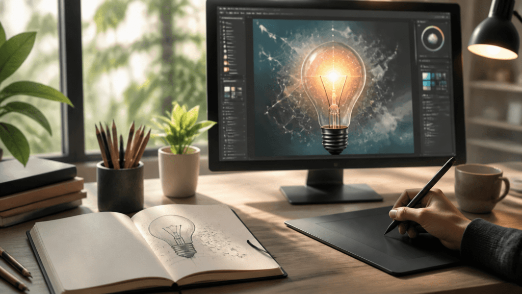 Escritorio luminoso con un cuaderno que muestra una bombilla dibujada a lápiz y una pantalla con una ilustración digital en proceso.