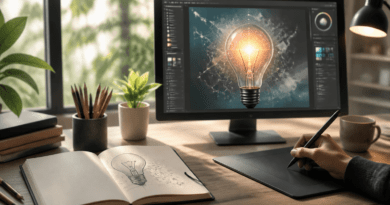 Escritorio luminoso con un cuaderno que muestra una bombilla dibujada a lápiz y una pantalla con una ilustración digital en proceso.