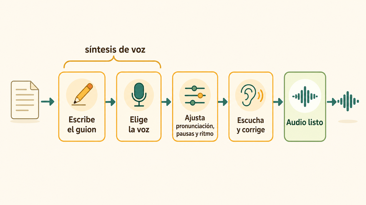 Ilustración didáctica con cuatro pasos —Escribe el guion, Elige la voz, Ajusta pronunciación, pausas y ritmo, y Escucha y corrige— hasta el audio listo, bajo la etiqueta «síntesis de voz».