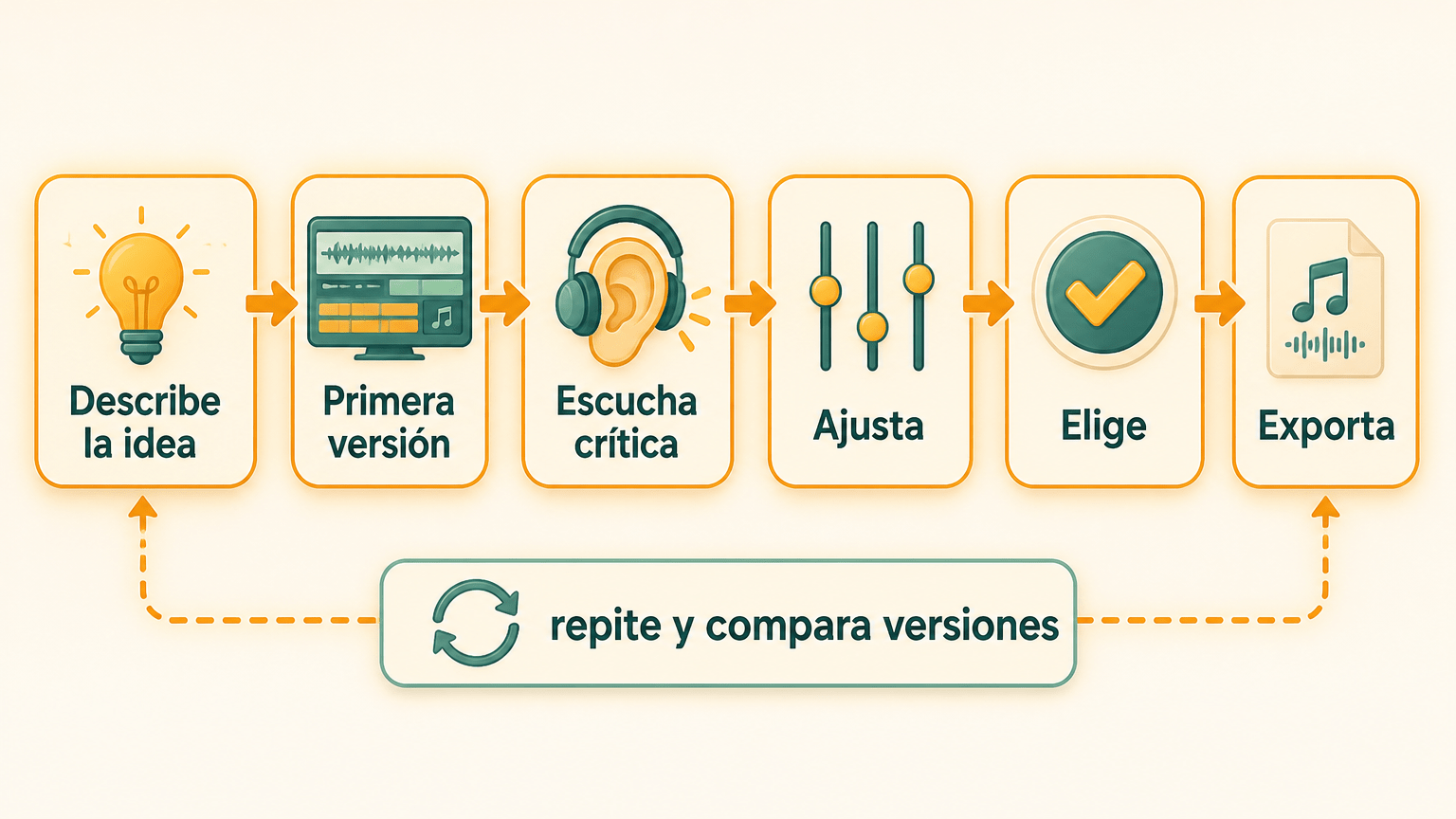 Ilustración didáctica del proceso de crear una pieza musical con IA en seis pasos: Describe la idea, Primera versión, Escucha crítica, Ajusta, Elige y Exporta.