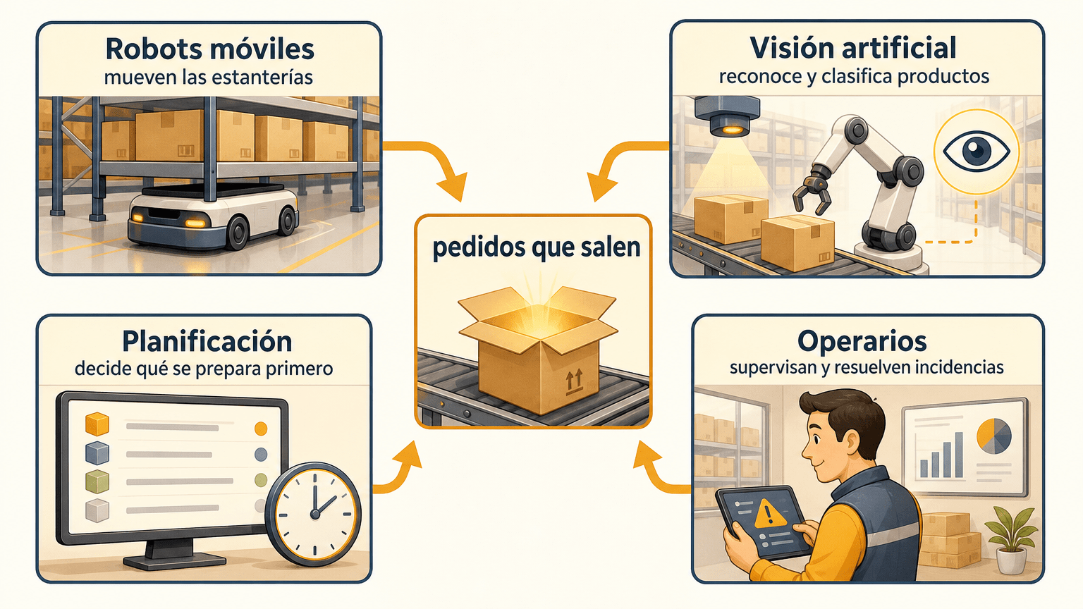 Ilustración didáctica de un almacén inteligente con cuatro zonas: robots móviles que mueven las estanterías, visión artificial que reconoce y clasifica productos, planificación que decide qué se prepara primero y operarios que supervisan y resuelven incidencias.