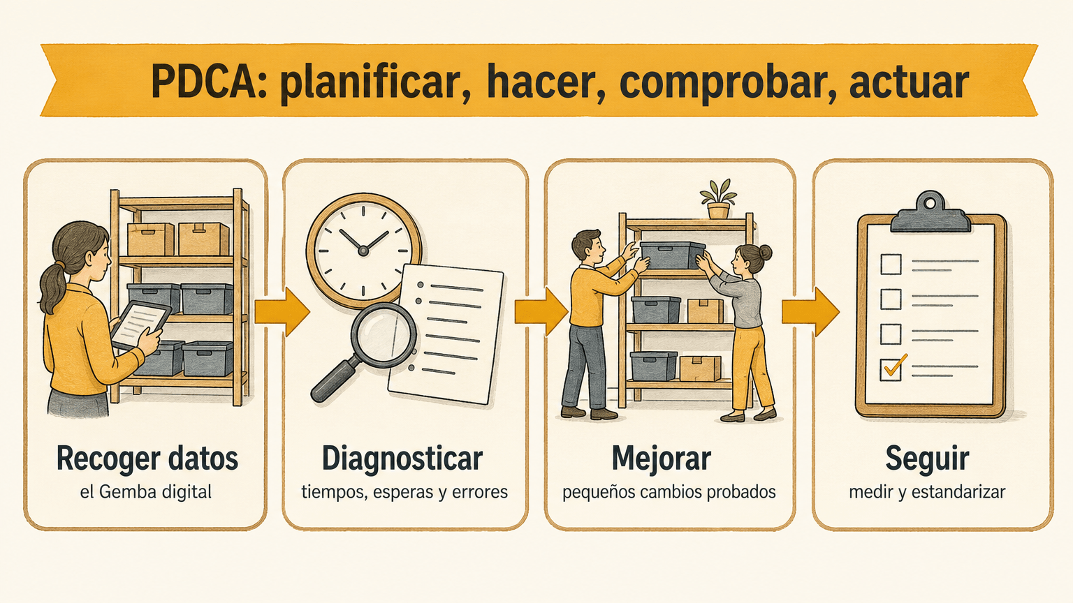 Ilustración didáctica de las cuatro etapas de la mejora continua: recoger datos en el Gemba digital, diagnosticar tiempos y errores, mejorar con pequeños cambios probados y hacer seguimiento midiendo y estandarizando, bajo el ciclo PDCA.