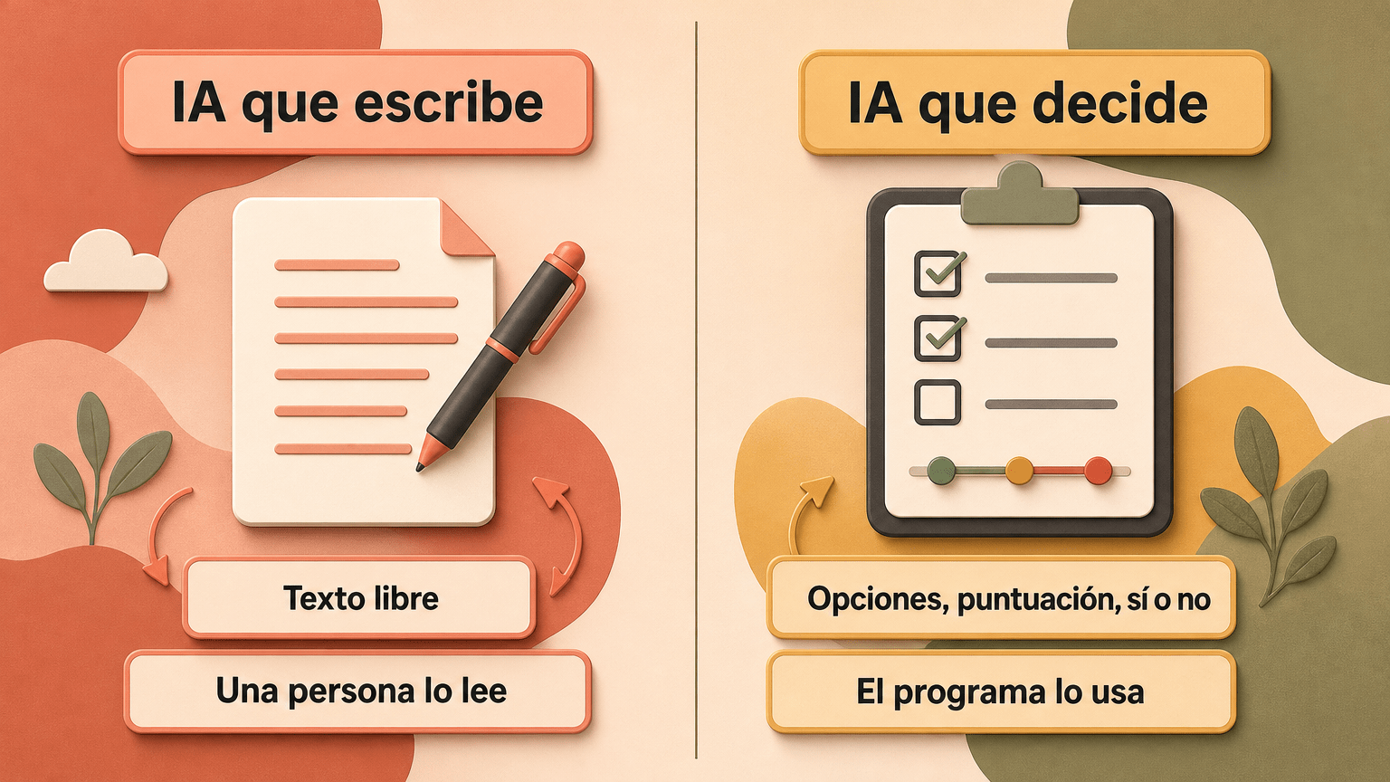 Comparación entre una IA que genera texto libre y una IA que devuelve decisiones estructuradas con opciones, puntuaciones y probabilidades.